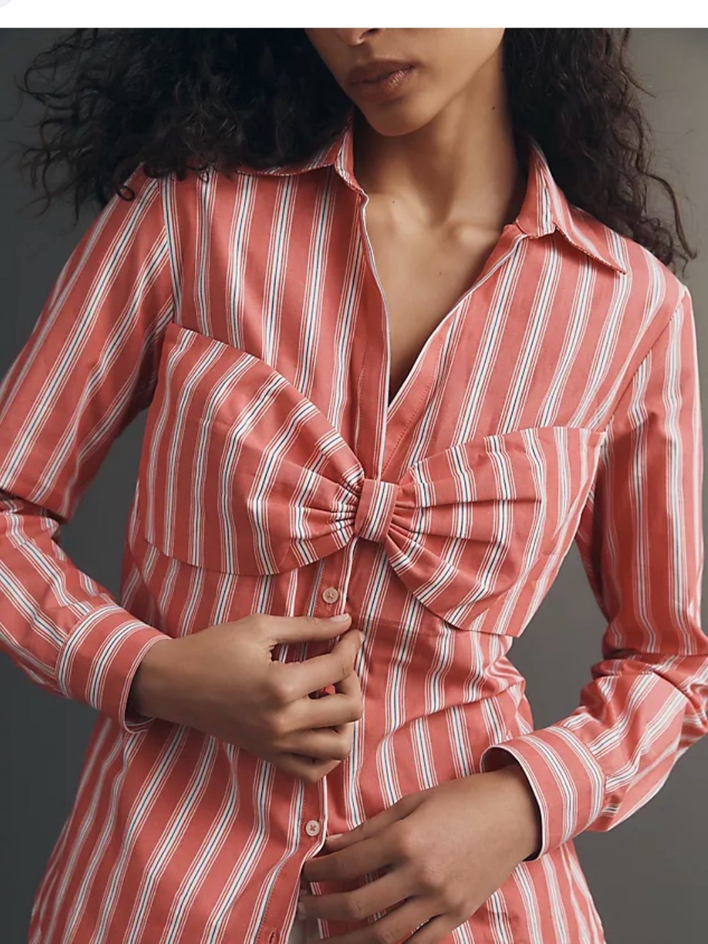 Maeve Coral and White Striped Button-Up Top with Bow Detail